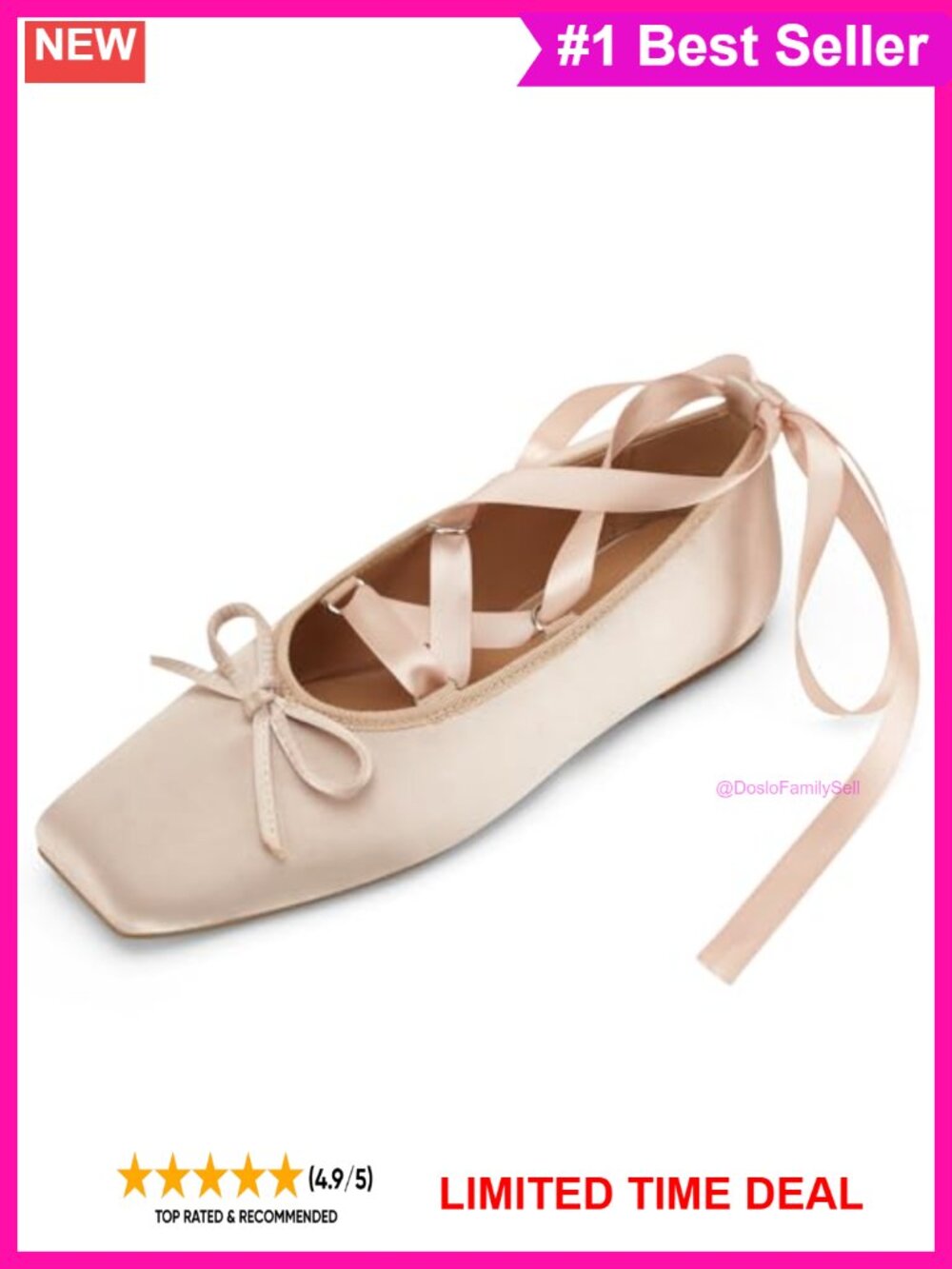 Satin Square Toe Lace Up Ballet Flats with Bow Detail